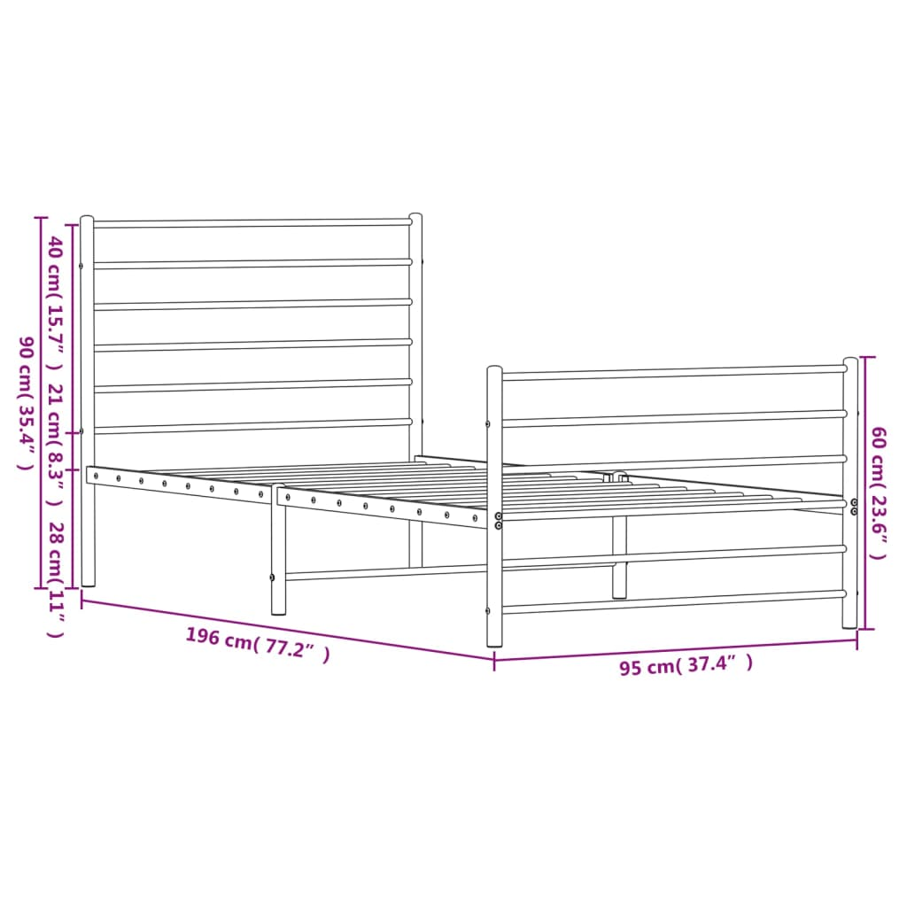 vidaXL Metal Bed Frame with Headboard and Footboard Black 90x190 cm Single - Sudd