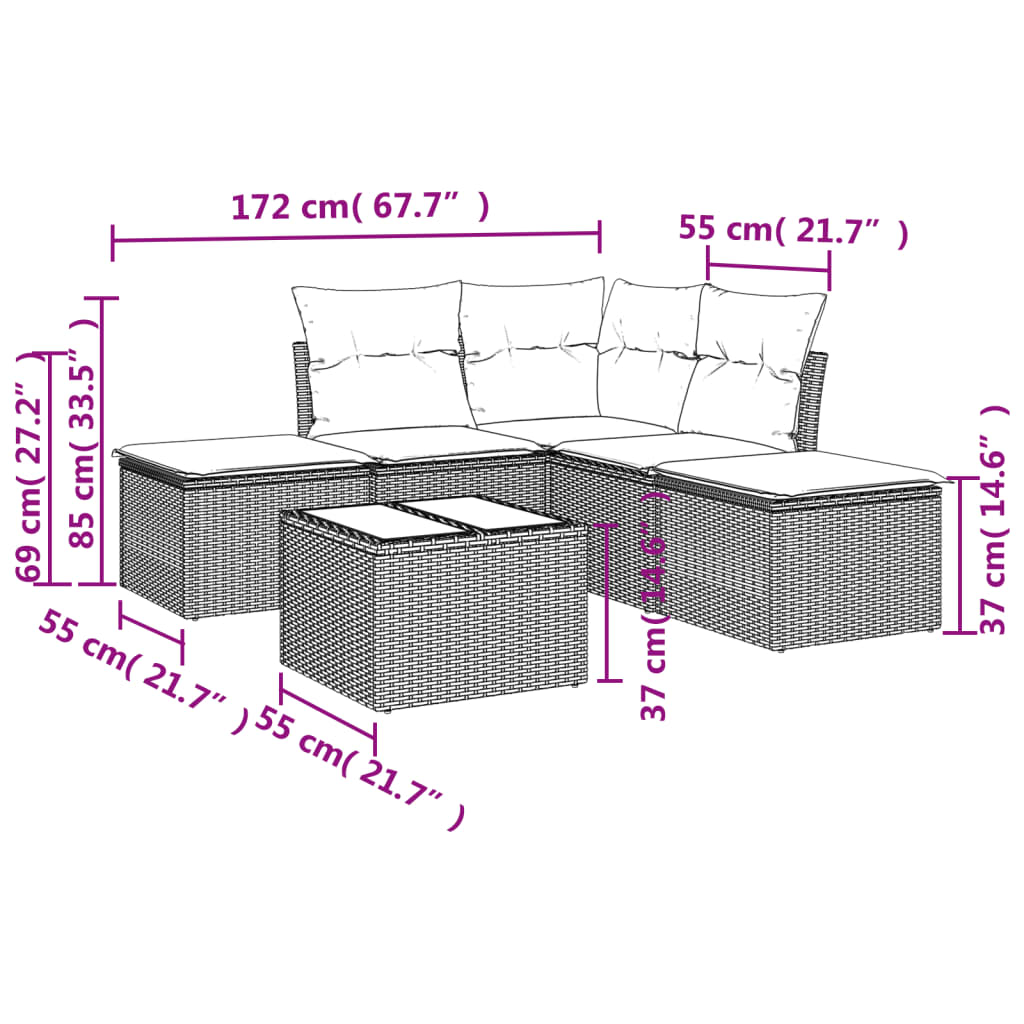 6 Piece Garden Sofa Set with Cushions Black Poly Rattan - Sudd