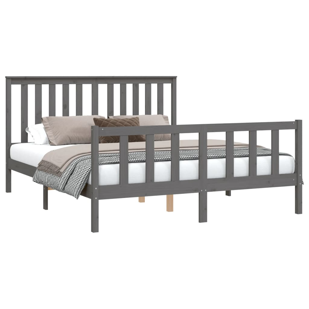 vidaXL Bed Frame with Headboard Grey 150x200 cm King Size Solid Wood Pine - Sudd