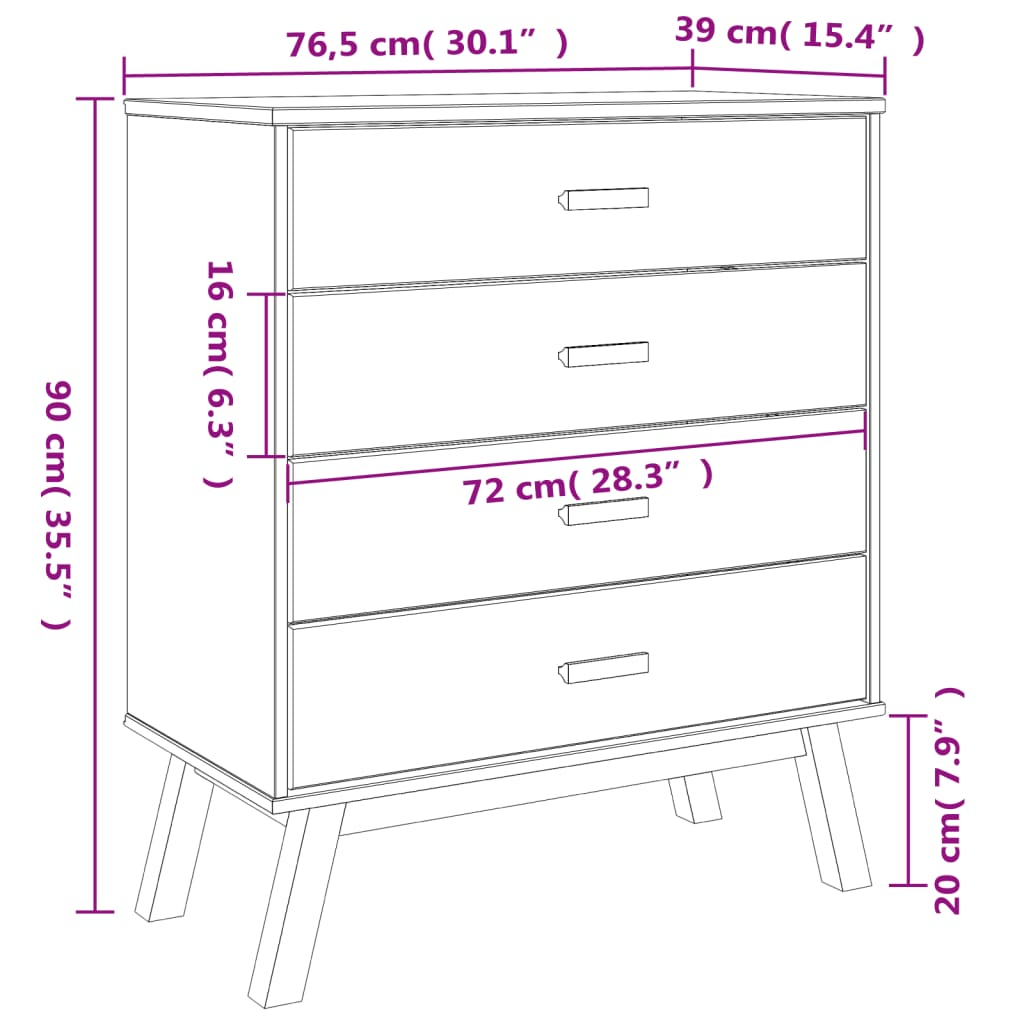 vidaXL Drawer Cabinet OLDEN White and Brown Solid Wood Pine - Sudd