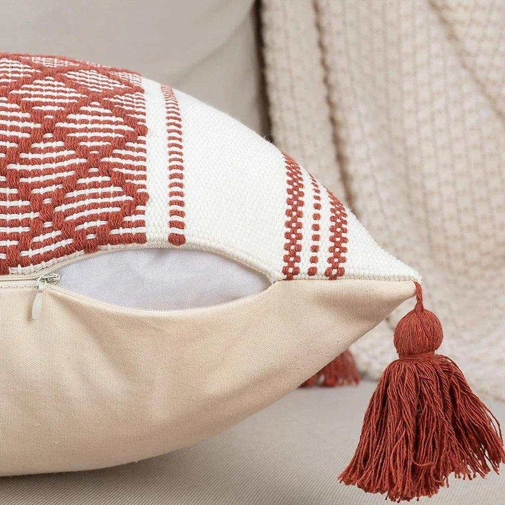 Geometric Woven Jacquard Tassel Cushion Cover - Elegant and Versatile | Buy Now - Sudd