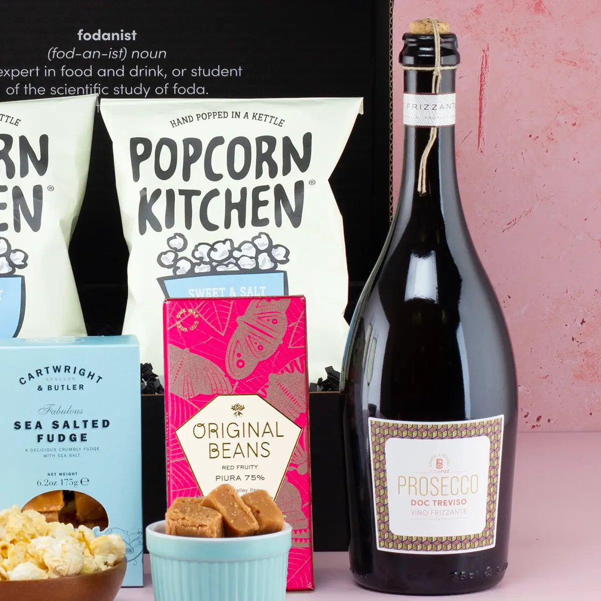 Prosecco, Popcorn, and Fudge Gift Hamper