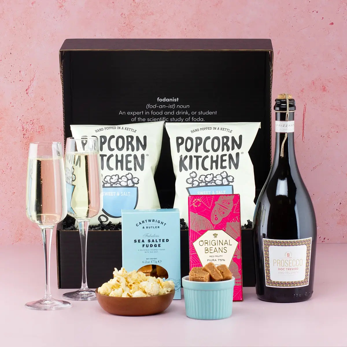 Prosecco, Popcorn, and Fudge Gift Hamper